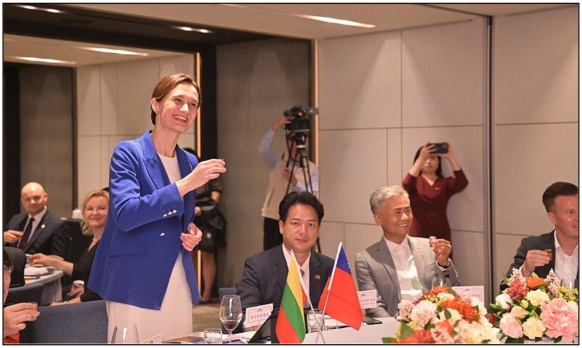 Lithuanian Parliament Speaker Viktorija Čmilytė-Nielsen offering a toast at a press event at the Legislative Yuan during a visit to Taiwan (October 23, 2023).